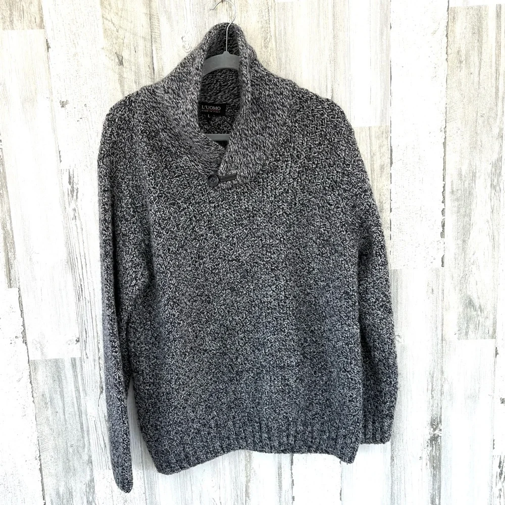 L’UOMO Men’s 1 Button Shawl Neck Sweater Size Large In Black/Gray/White